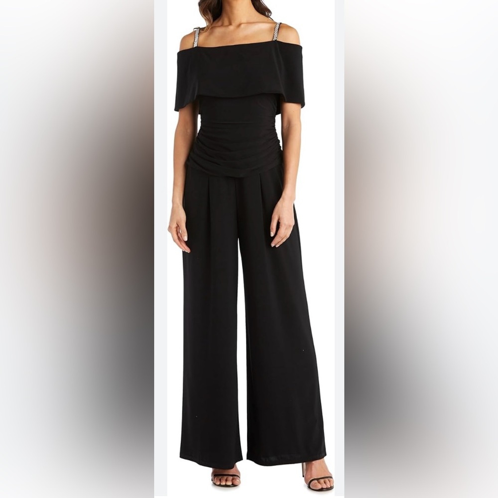 Ruched Bodice Jumpsuit w/ Cold Shoulder & Rhinestone Embellishments - Picture 1 of 6